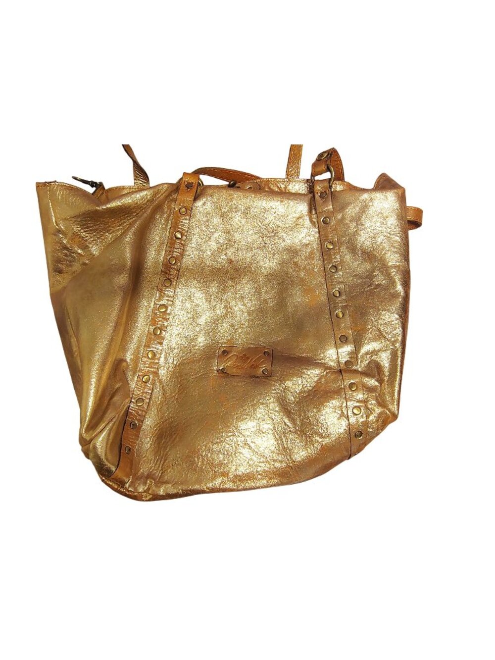 Patricia Nash Gold Metallic Large Hobo Bag Purse Brass Hardware Twist Lock